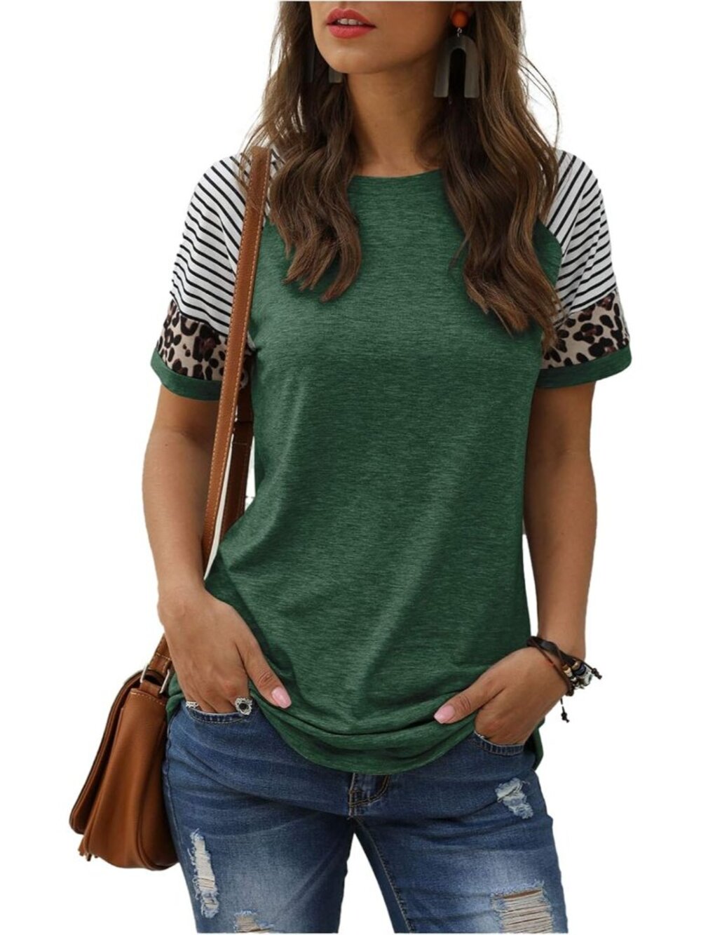 Women's Green Summer Casual Shirts Short Sleeve Striped Tunic Tops Blouses